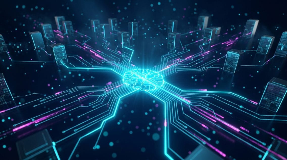 Abstract visualization of AI agent security risks — network nodes and data flow in an AI-assisted cyberattack