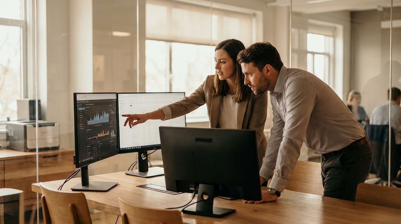 Two professionals reviewing AI agent production logs and governance metrics on office monitors
