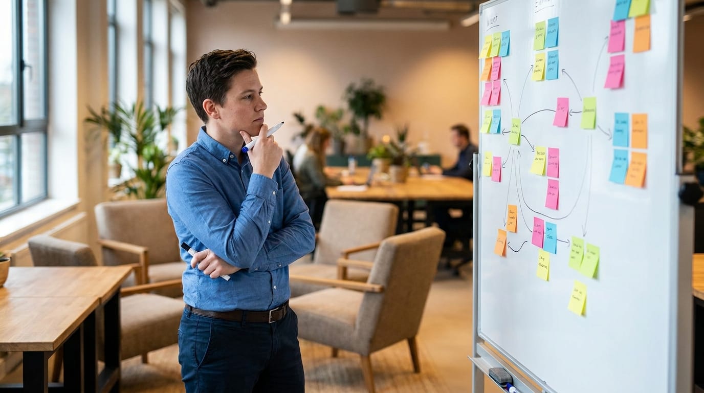 Professional mapping out an AI agent governance audit plan on a whiteboard in a modern collaborative workspace
