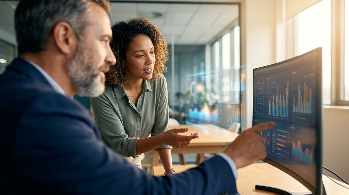 Two professionals review an AI operations dashboard together during a fleet audit findings review