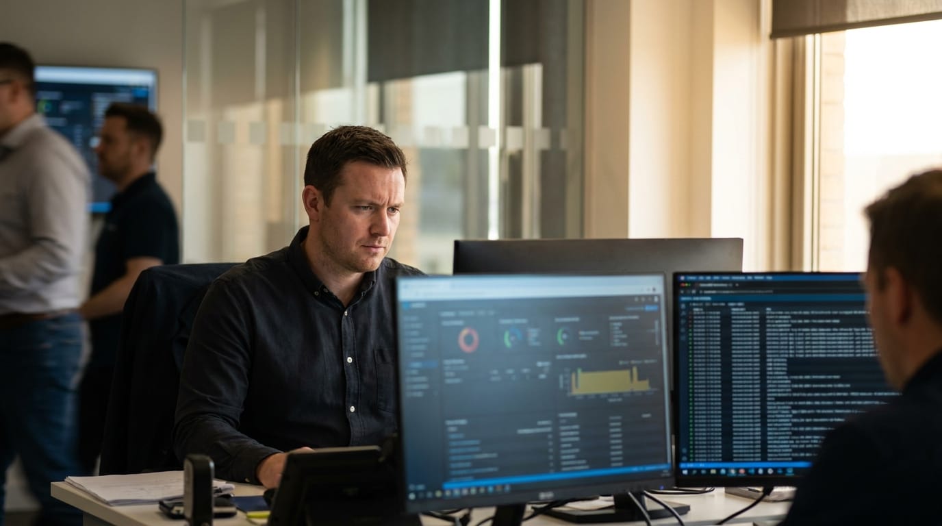 Security professional reviewing dashboards and logs — AI agent security monitoring in practice