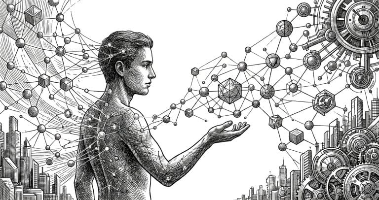 Ink etching illustration of a human figure reaching toward an autonomous AI agent network — do AI agents actually exist