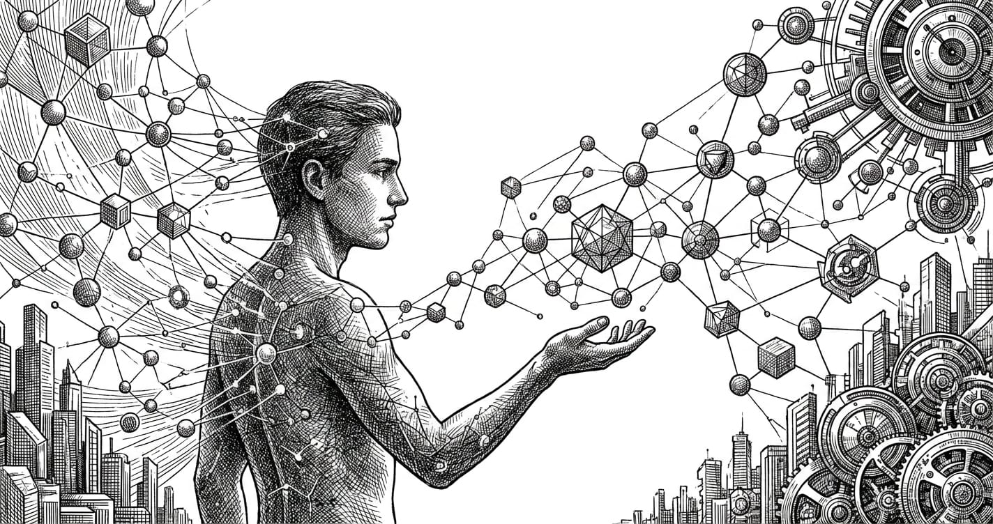Ink etching illustration of a human figure reaching toward an autonomous AI agent network — do AI agents actually exist