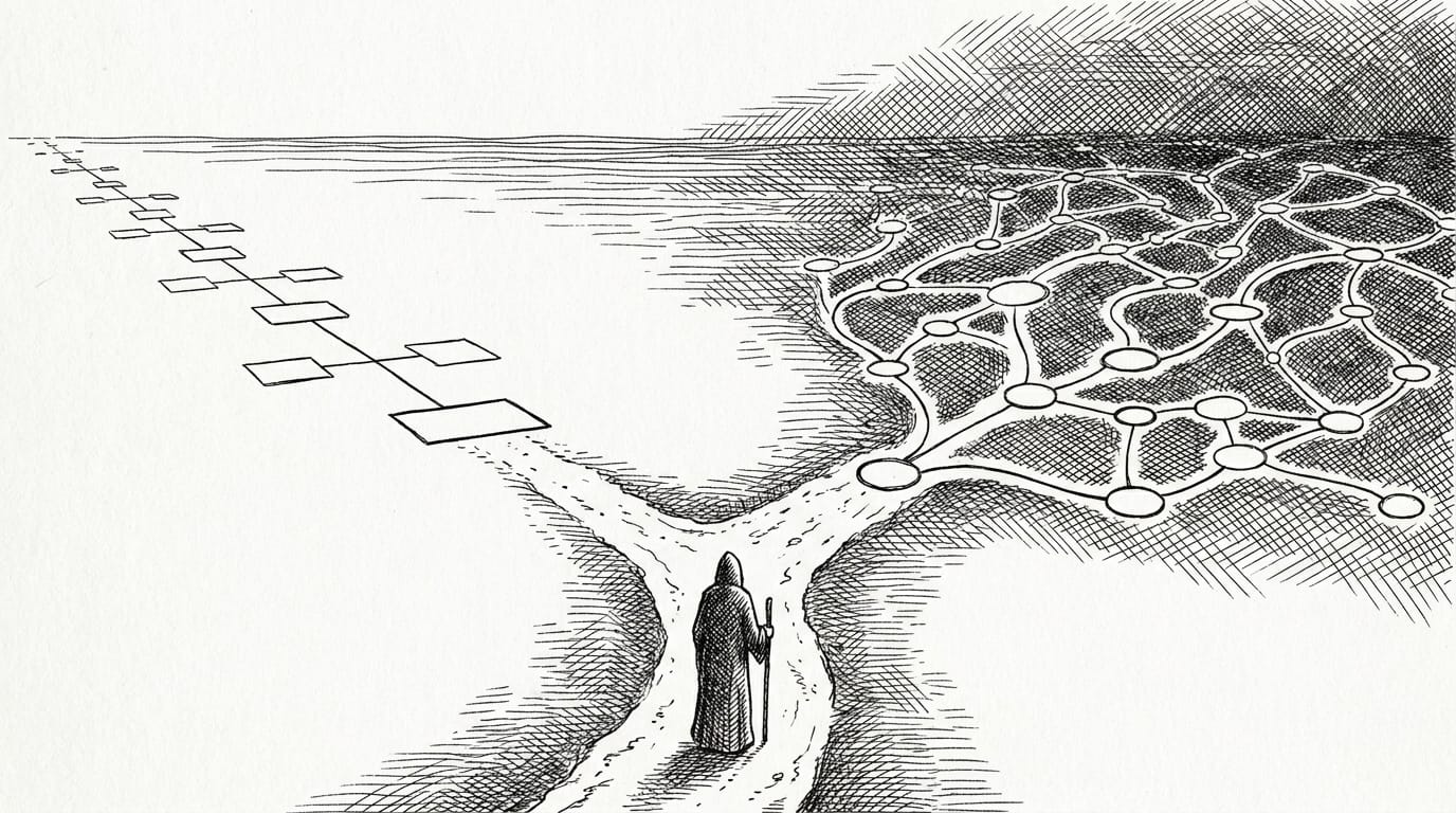 Ink etching illustration of a figure at a crossroads choosing between a simple AI workflow and a complex autonomous agent path