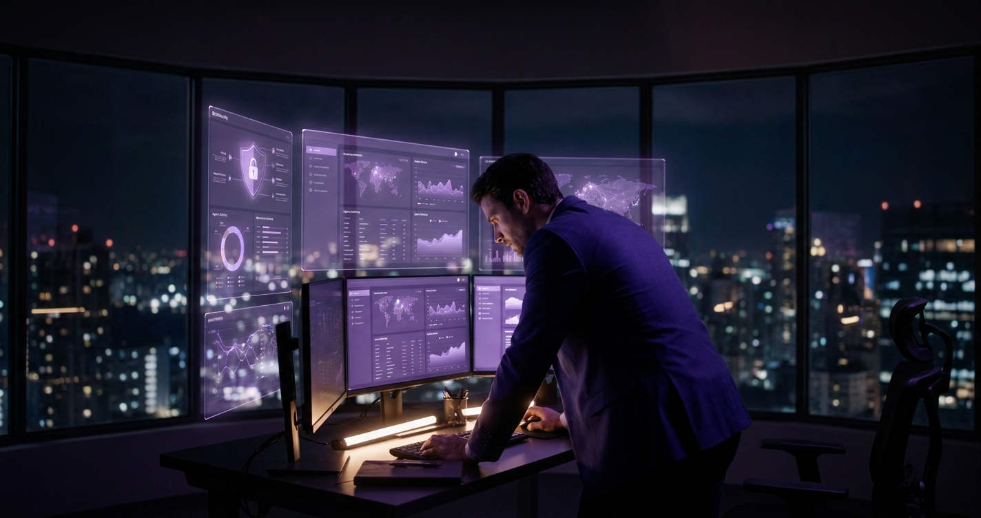 AI agent governance dashboard showing security monitoring and agent oversight in a late-night deep-focus work environment