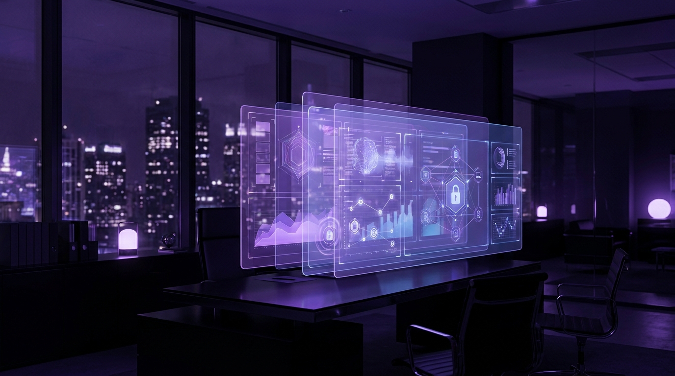 Holographic security risk panels displaying layered AI agent governance controls and OWASP risk categories