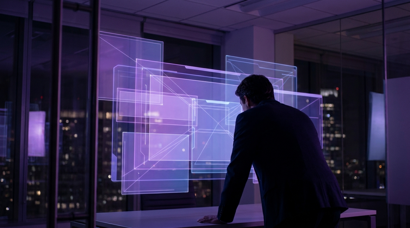 Holographic framework visualization showing interconnected AI agent governance modules and security controls