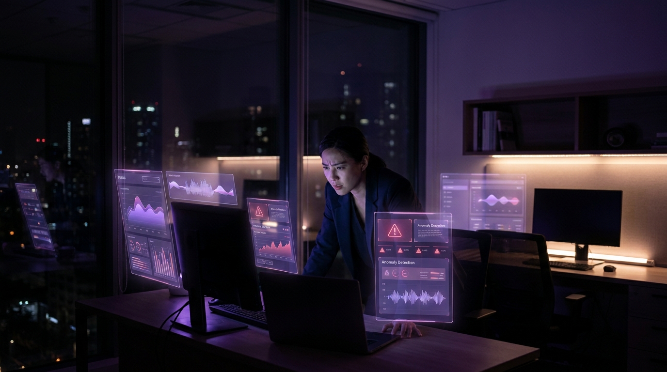AI agent security professional monitoring anomaly detection alerts on violet holographic governance dashboards