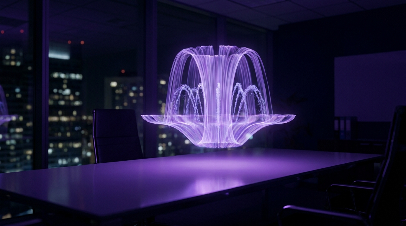 Translucent violet holographic fountain glowing in a dark office with city lights through the window at night