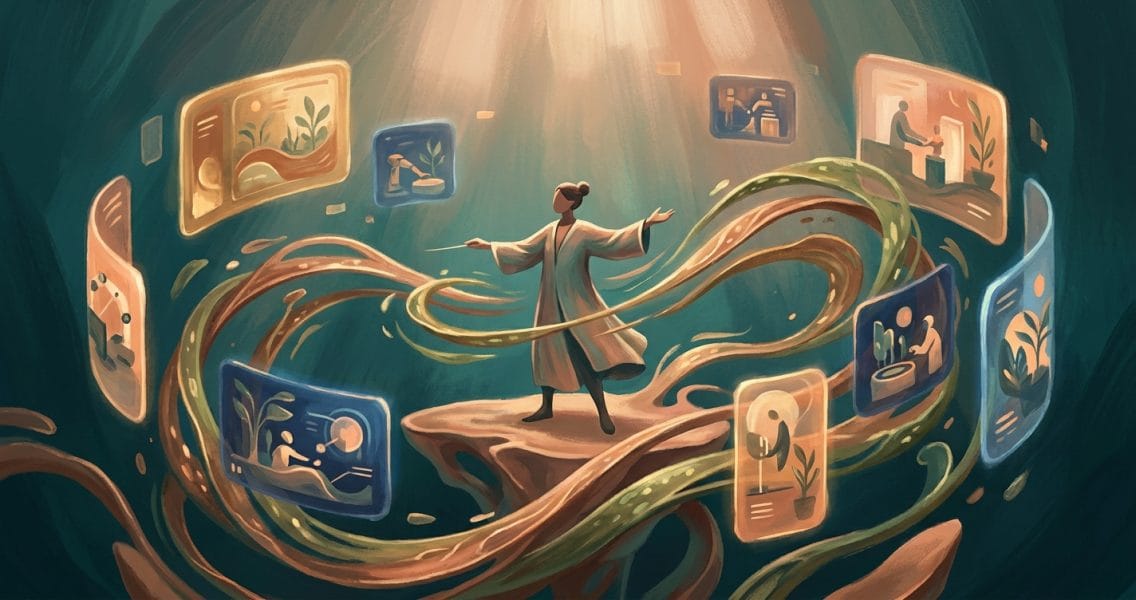 Human orchestrator directing multiple autonomous AI agent processes — agentic engineering visualization