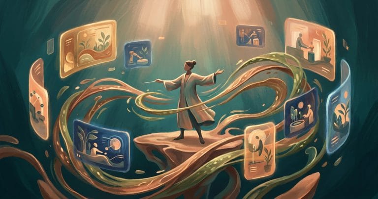 Human orchestrator directing multiple autonomous AI agent processes — agentic engineering visualization