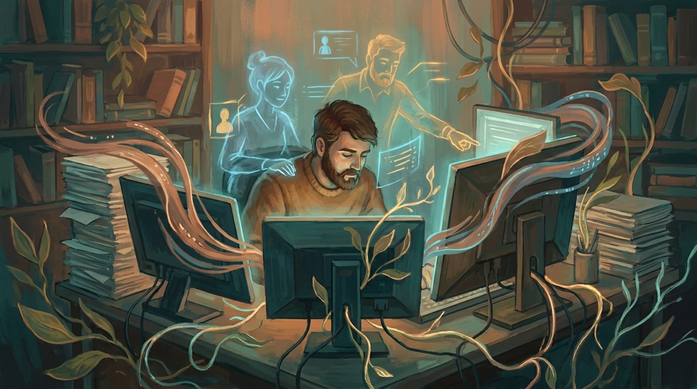 Developer at workstation with AI agent companions under human direction — agentic engineering in practice