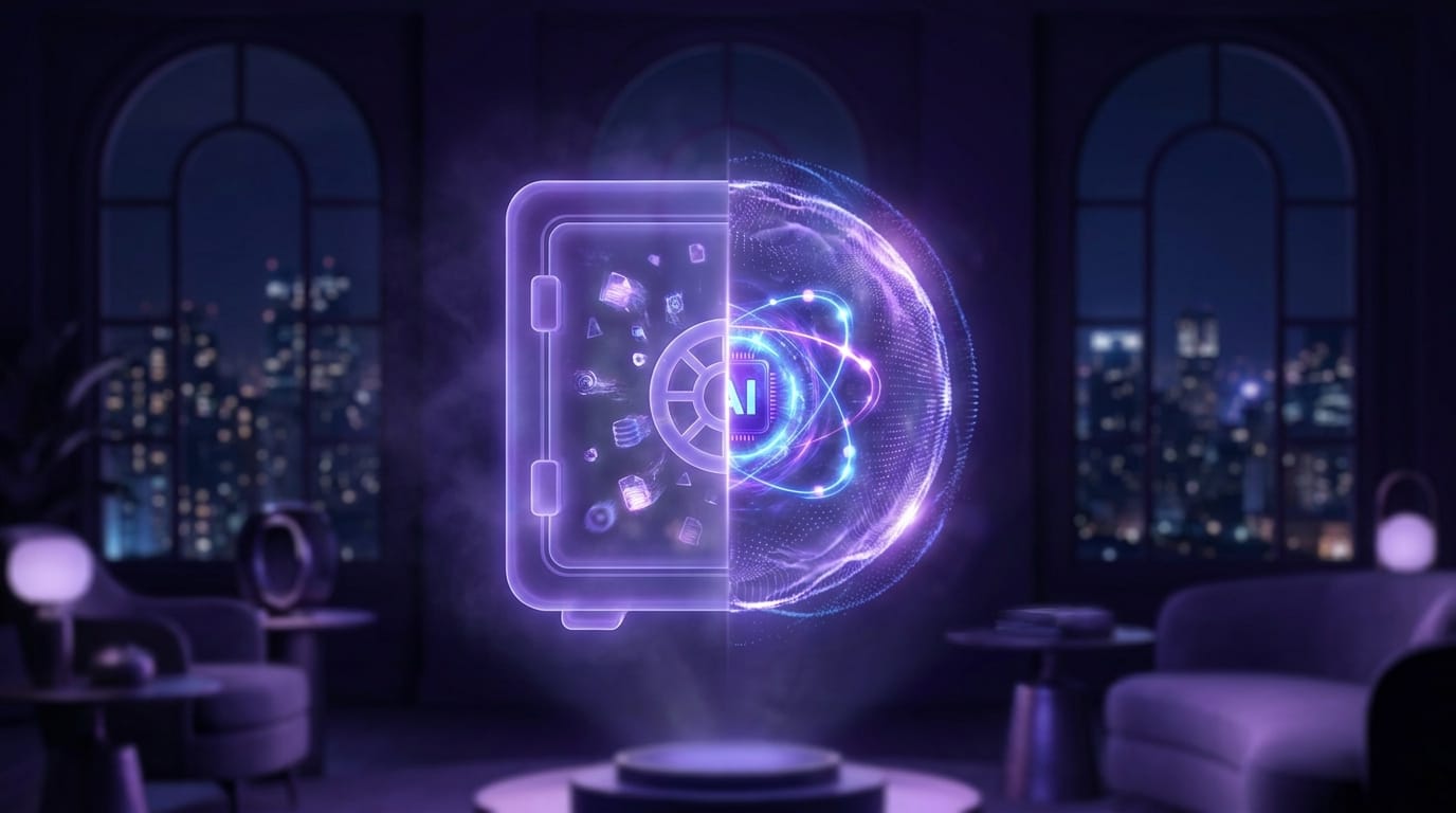 Split holographic visualization contrasting traditional data vault protection with active AI agent runtime boundary controls