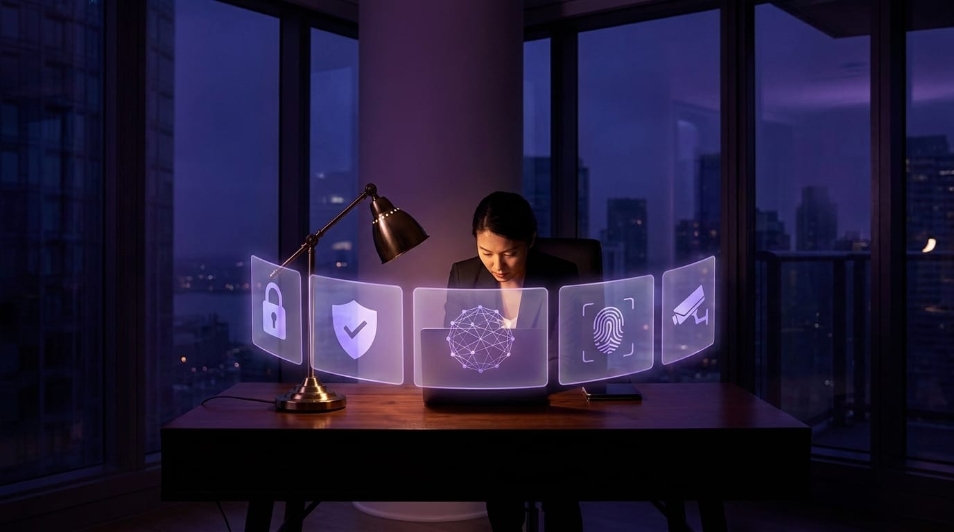 Security professional evaluating AI agent vendor criteria using five holographic evaluation panels in a dark office with violet runtime security controls