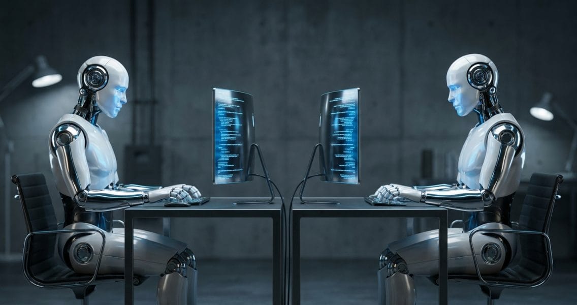 Two AI coding agent workstations side by side with glowing terminal screens — illustrating Codex and Claude Code running in parallel