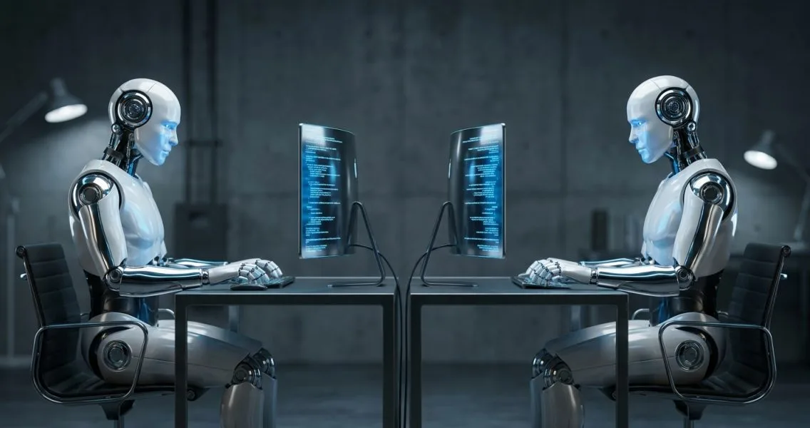 Two AI coding agent workstations side by side with glowing terminal screens — illustrating Codex and Claude Code running in parallel