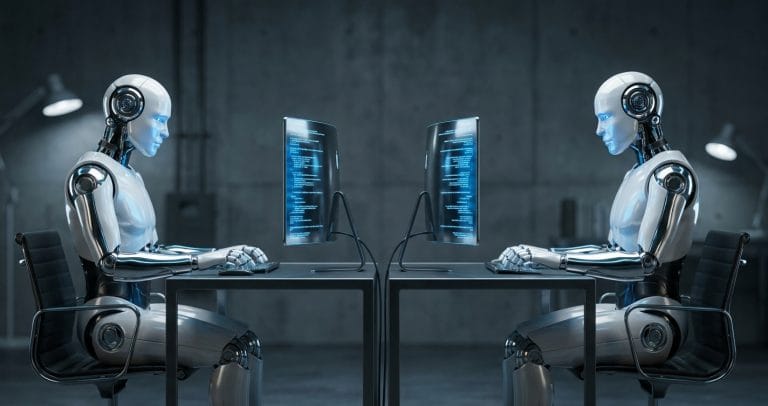 Two AI coding agent workstations side by side with glowing terminal screens — illustrating Codex and Claude Code running in parallel