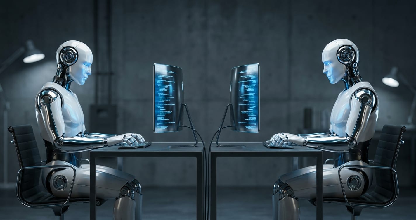 Two AI coding agent workstations side by side with glowing terminal screens — illustrating Codex and Claude Code running in parallel