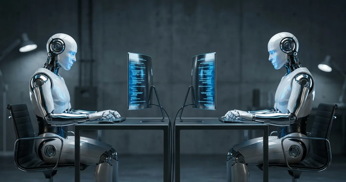 Two AI coding agent workstations side by side with glowing terminal screens — illustrating Codex and Claude Code running in parallel