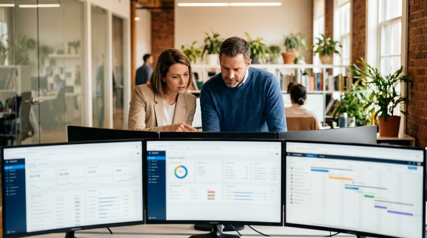 Two professionals reviewing multi-agent pipeline dashboards in a modern office — protocol deployment in practice