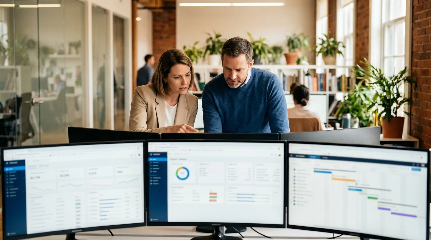 Two professionals reviewing multi-agent pipeline dashboards in a modern office — protocol deployment in practice