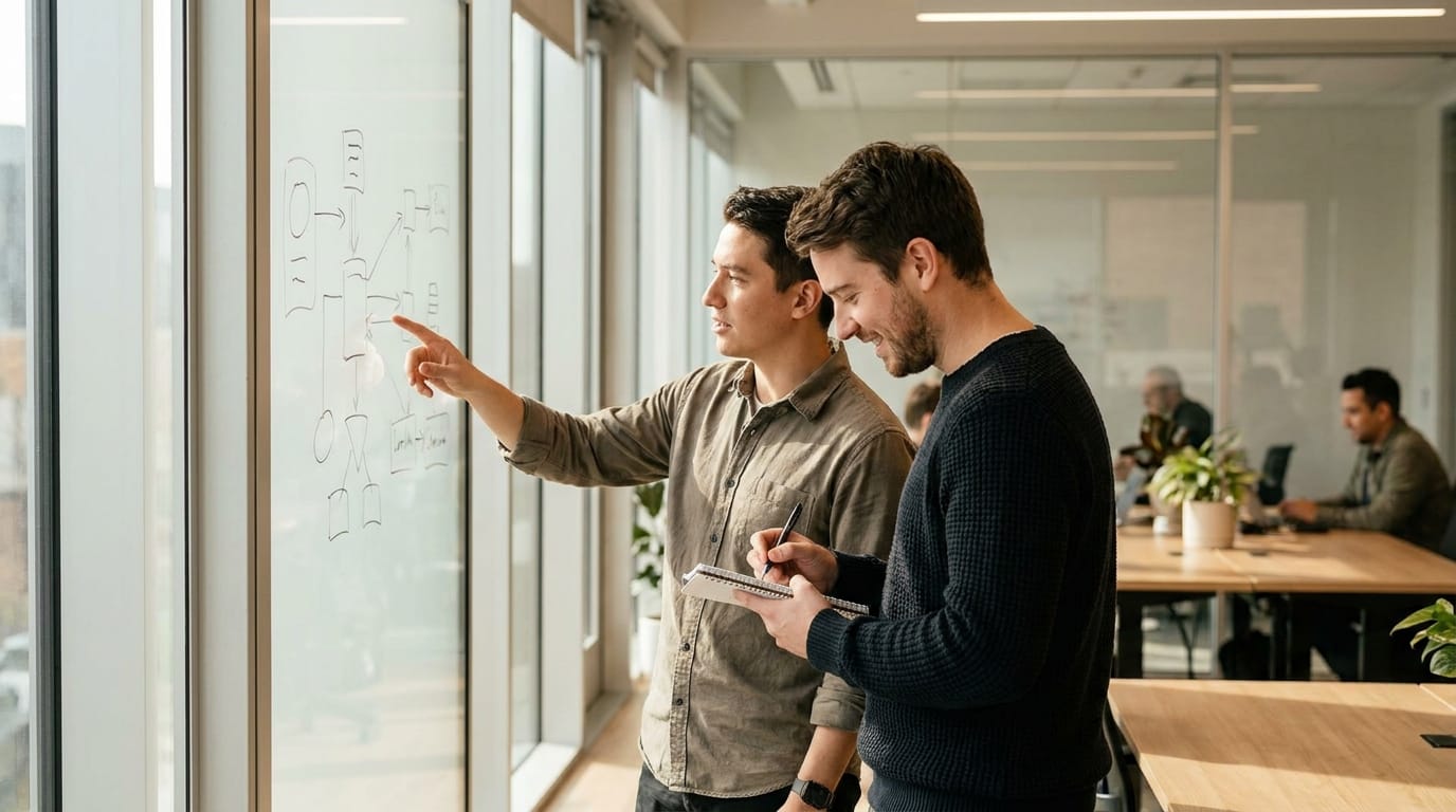Two software engineers collaborating at a whiteboard sketching an orchestration system diagram — planning driver worker architecture for agentic coding
