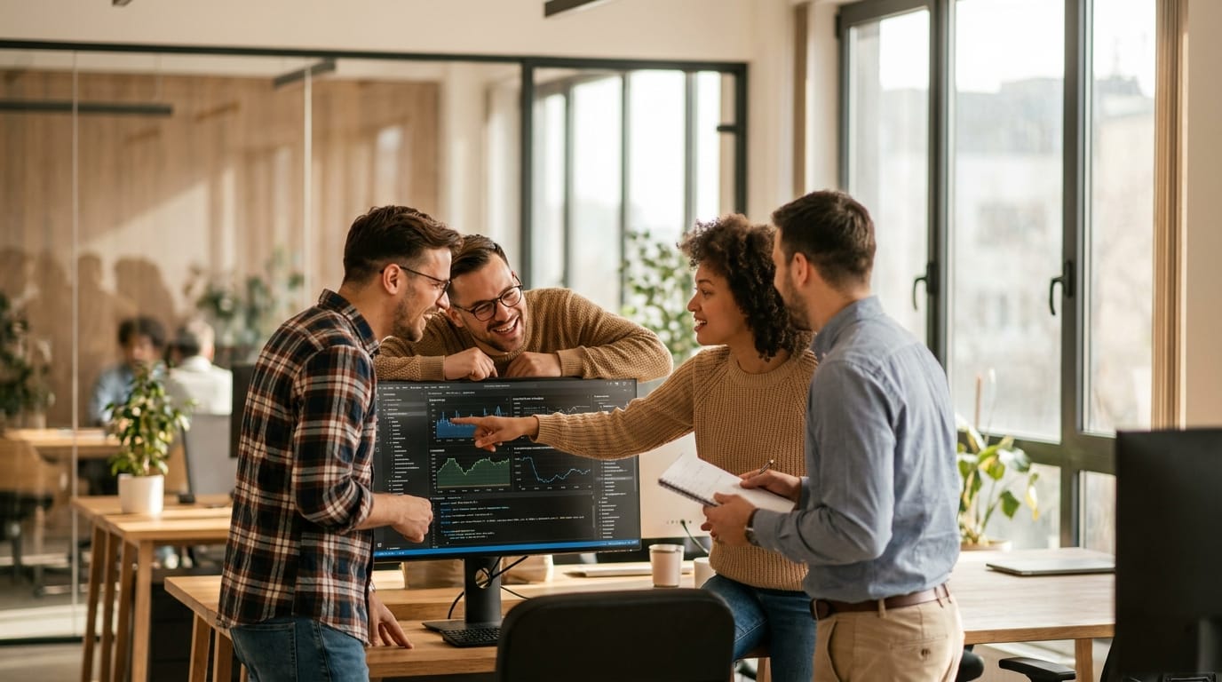 Small engineering team reviewing agentic coding results together around a monitor — team adoption of driver worker orchestration with Claude Code and Codex