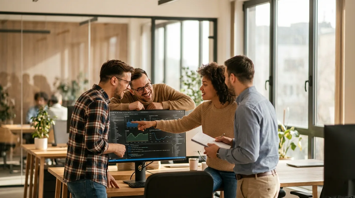 Small engineering team reviewing agentic coding results together around a monitor — team adoption of driver worker orchestration with Claude Code and Codex