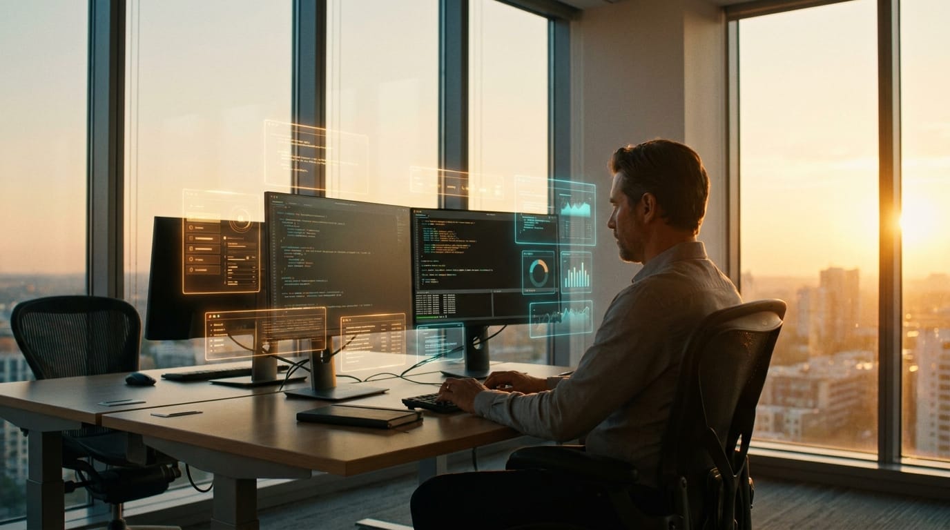 Developer at a dual-screen workstation with holographic code panels floating in warm golden-hour light — illustrating Claude Code and Codex running as driver and worker