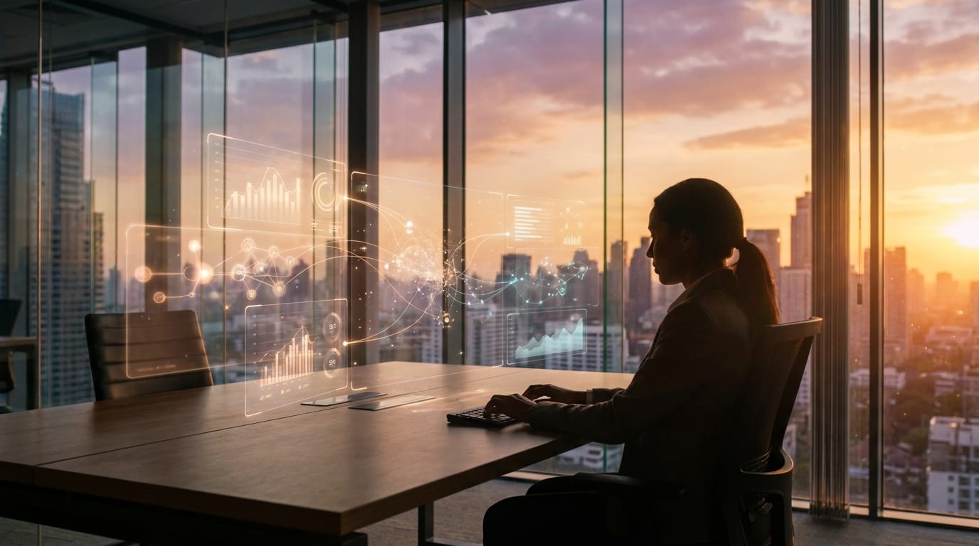 Professional at a workstation with holographic framework orchestration nodes floating in warm amber and cyan light — visualizing agentic coding framework layer