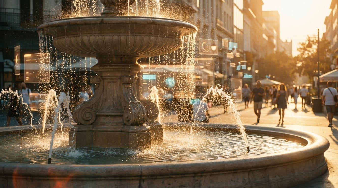 Elegant fountain in a sunset-lit plaza with water jets in motion and holographic data particles floating in the warm amber mist