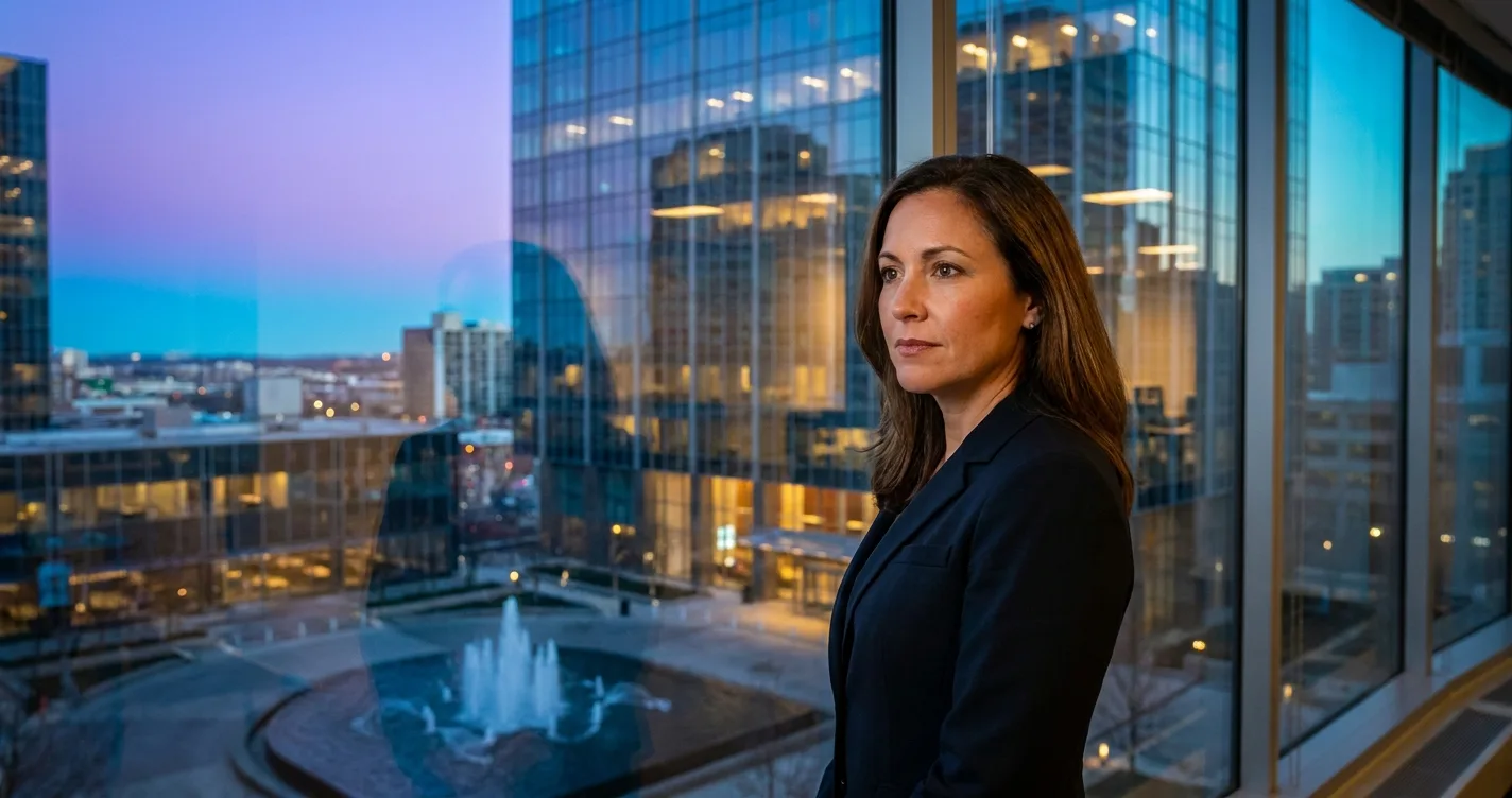 Operator at a high-rise window overlooking a twilight city — the moment before the agentic protocol shift