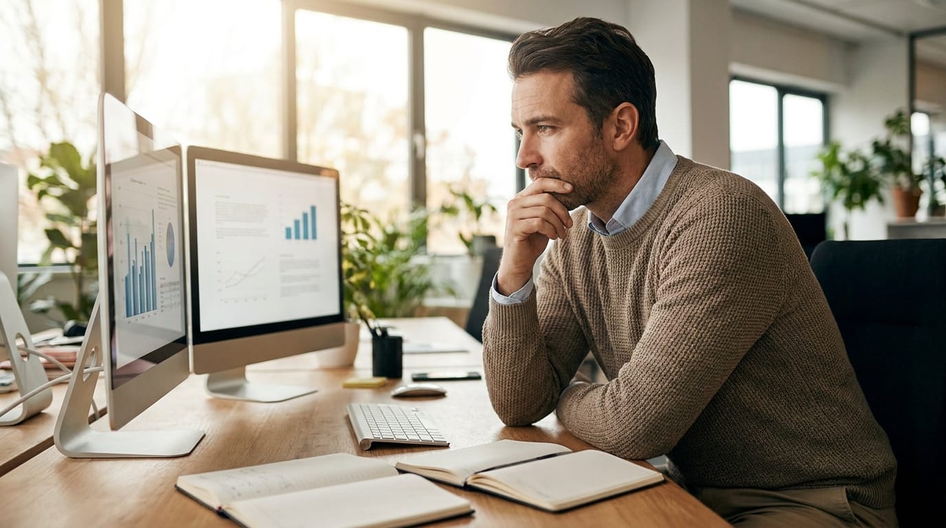 Professional reviewing knowledge documents and files at a modern office desk with natural light