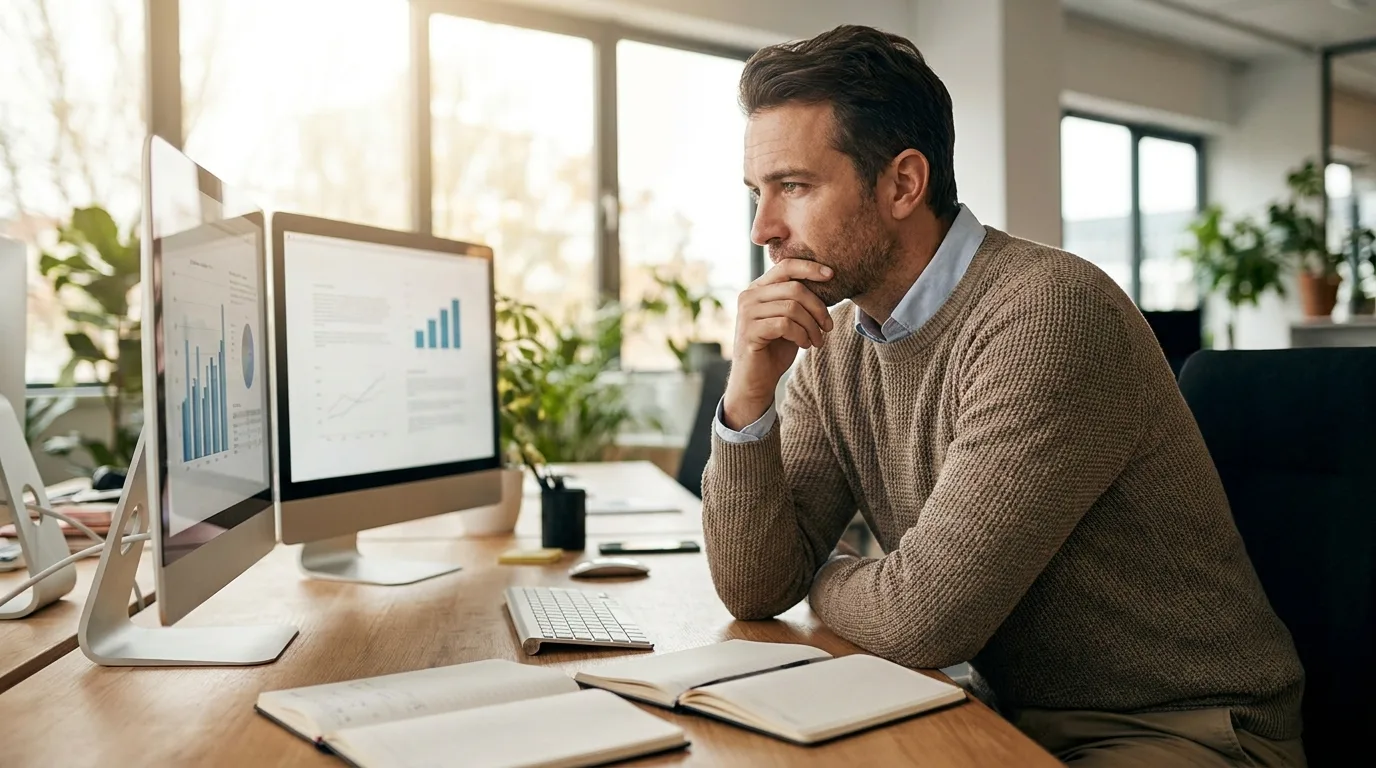 Professional reviewing knowledge documents and files at a modern office desk with natural light
