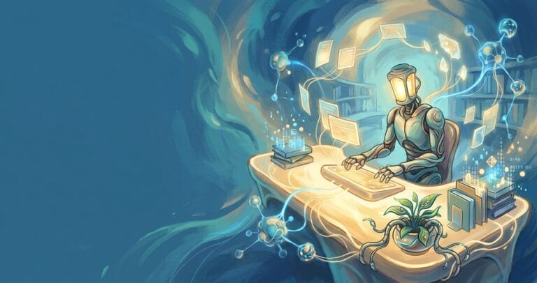 Illustrated AI agent at desk surrounded by floating knowledge cards and data nodes