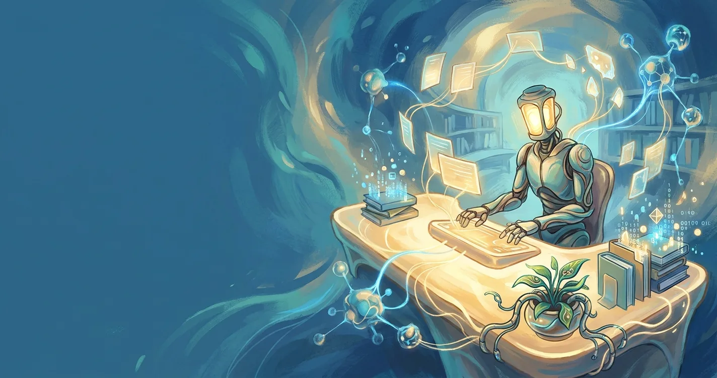 Illustrated AI agent at desk surrounded by floating knowledge cards and data nodes