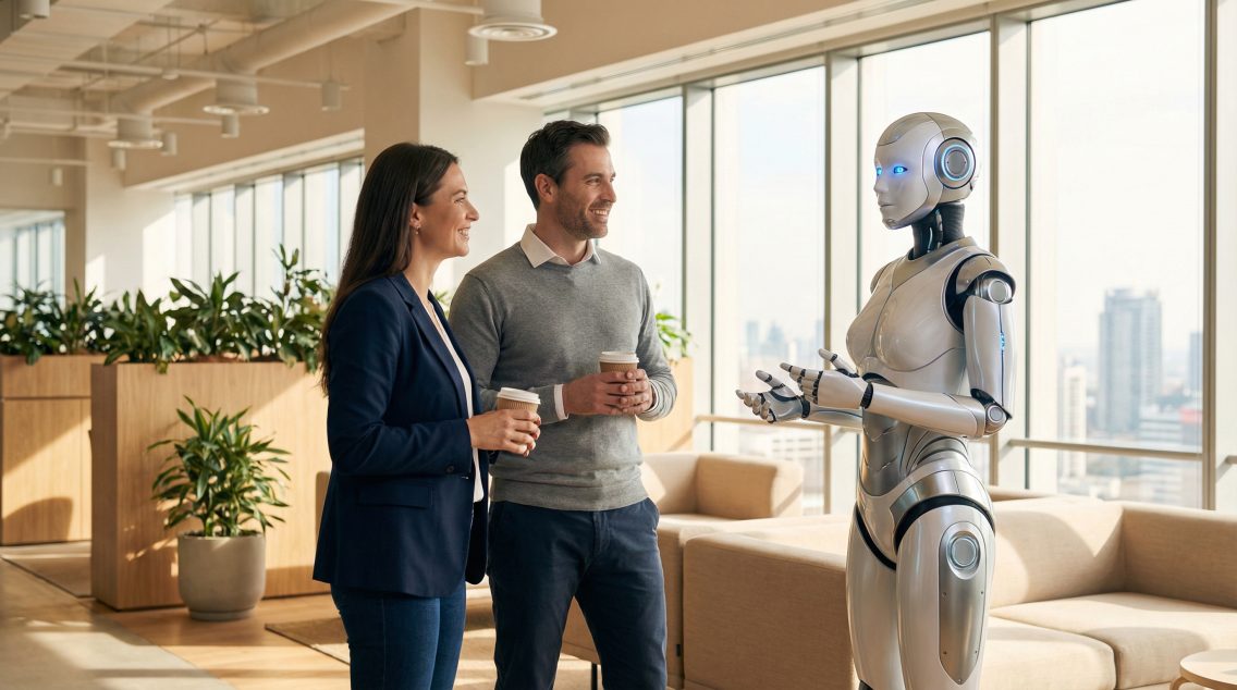Two professionals conferring with a humanoid android robot in a modern office environment