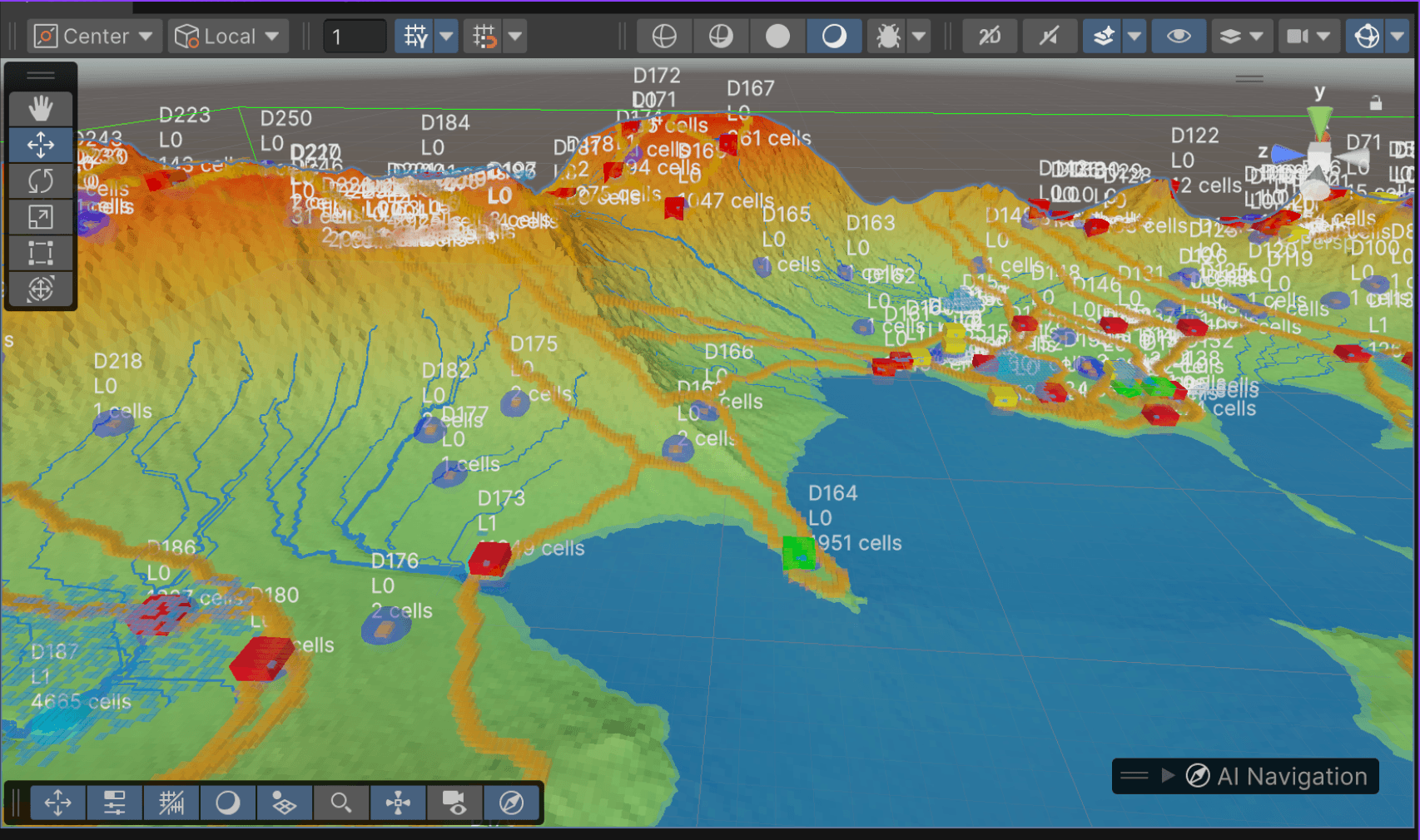 Hydraulic 3D simulation showing terrain with river channels and lake systems generated by agentic coding