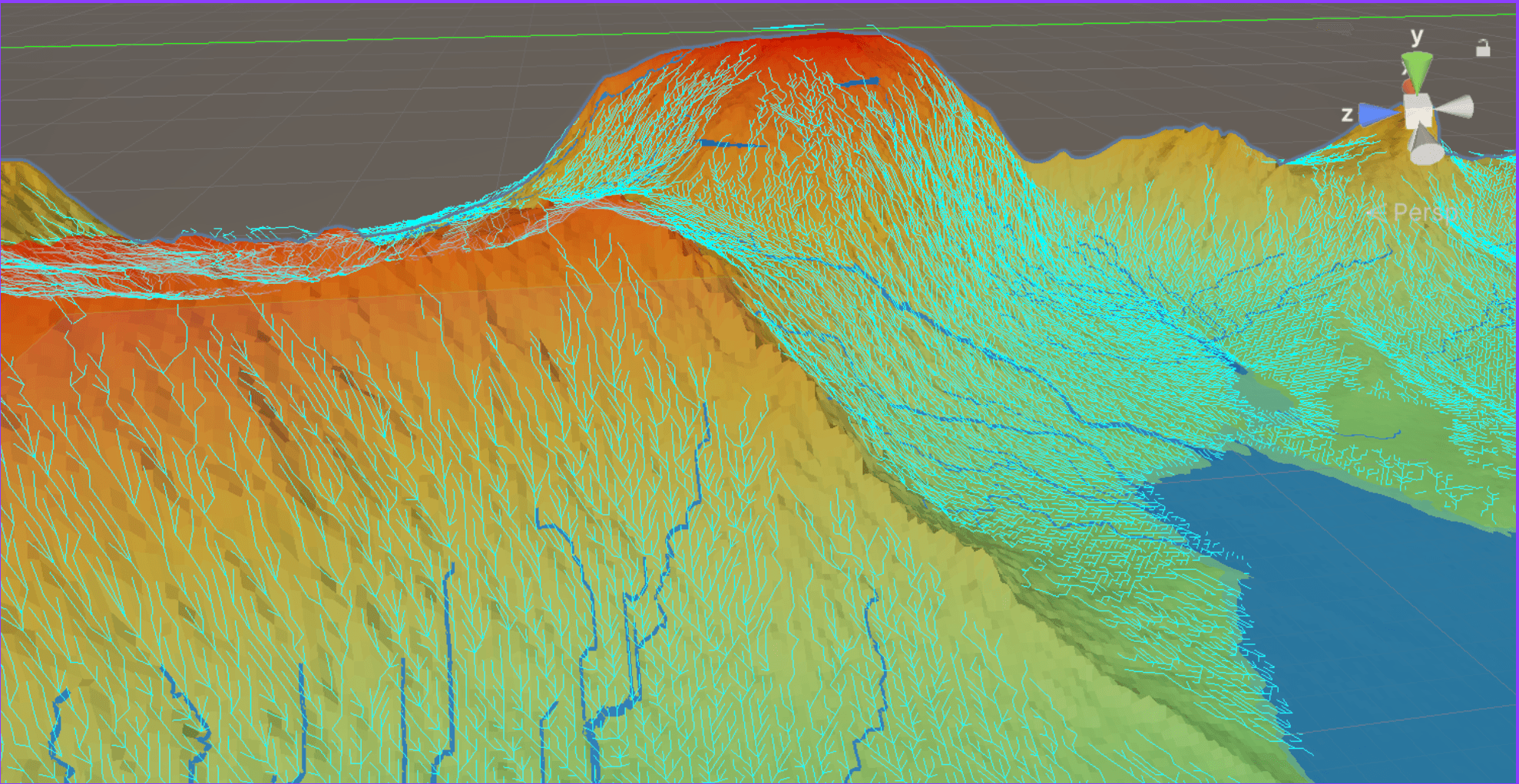 3D hydraulic terrain simulation with water flow patterns and topographic mapping built with zero human code