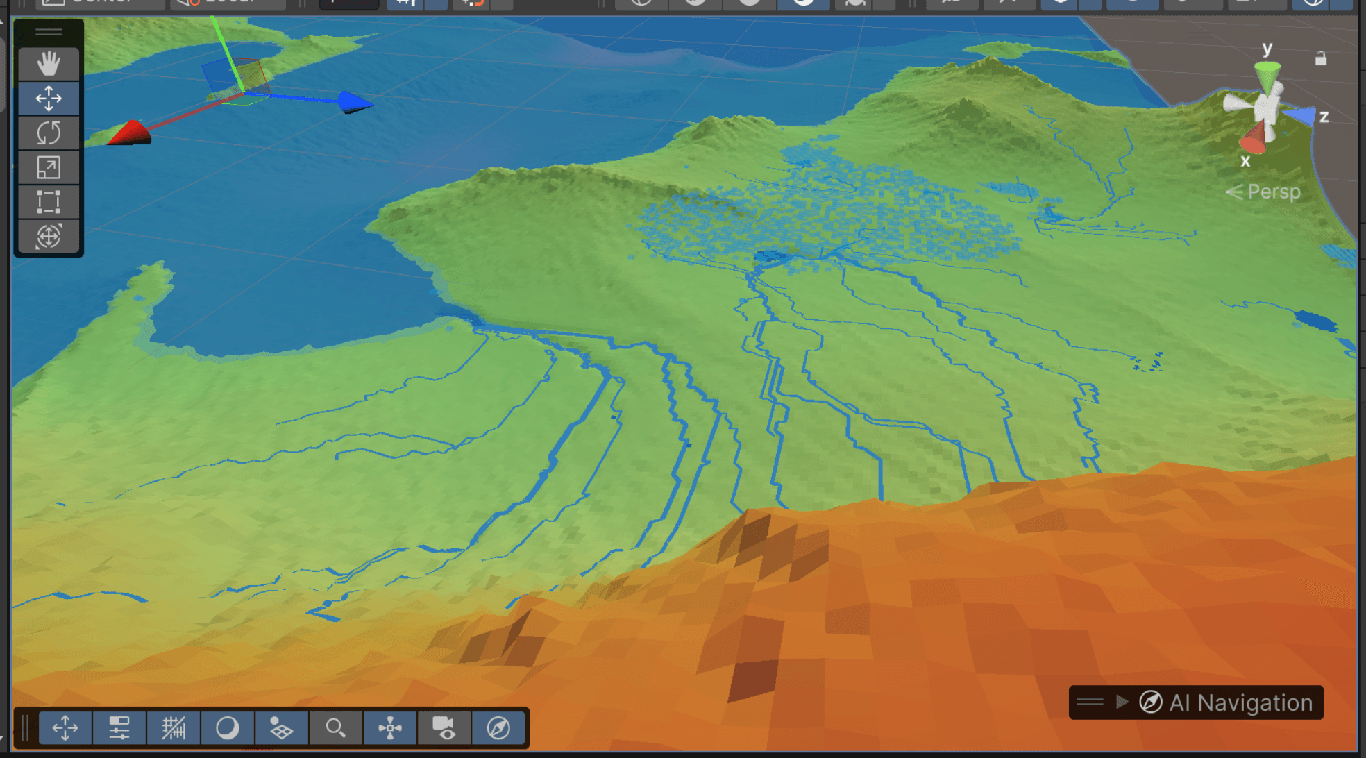 Agentic coding case study — Unity 3D hydraulic simulation output showing watershed detection and seasonal water cycles