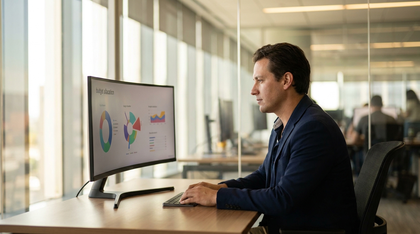Business professional reviewing data analytics dashboard showing budget allocation metrics in a modern office environment