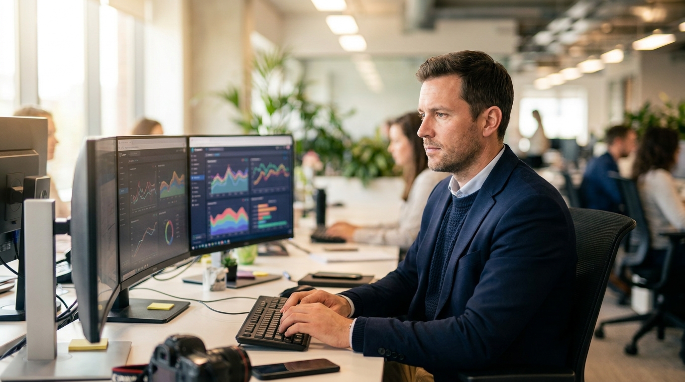 Business professional monitoring AI agent system performance at a multi-screen workstation with observability dashboards