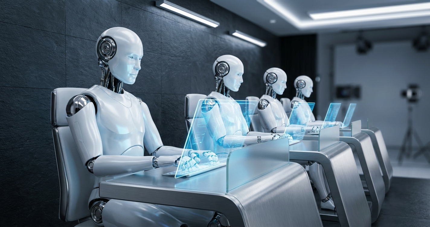 AI agents at scale — row of white humanoid robots at workstations in a production environment