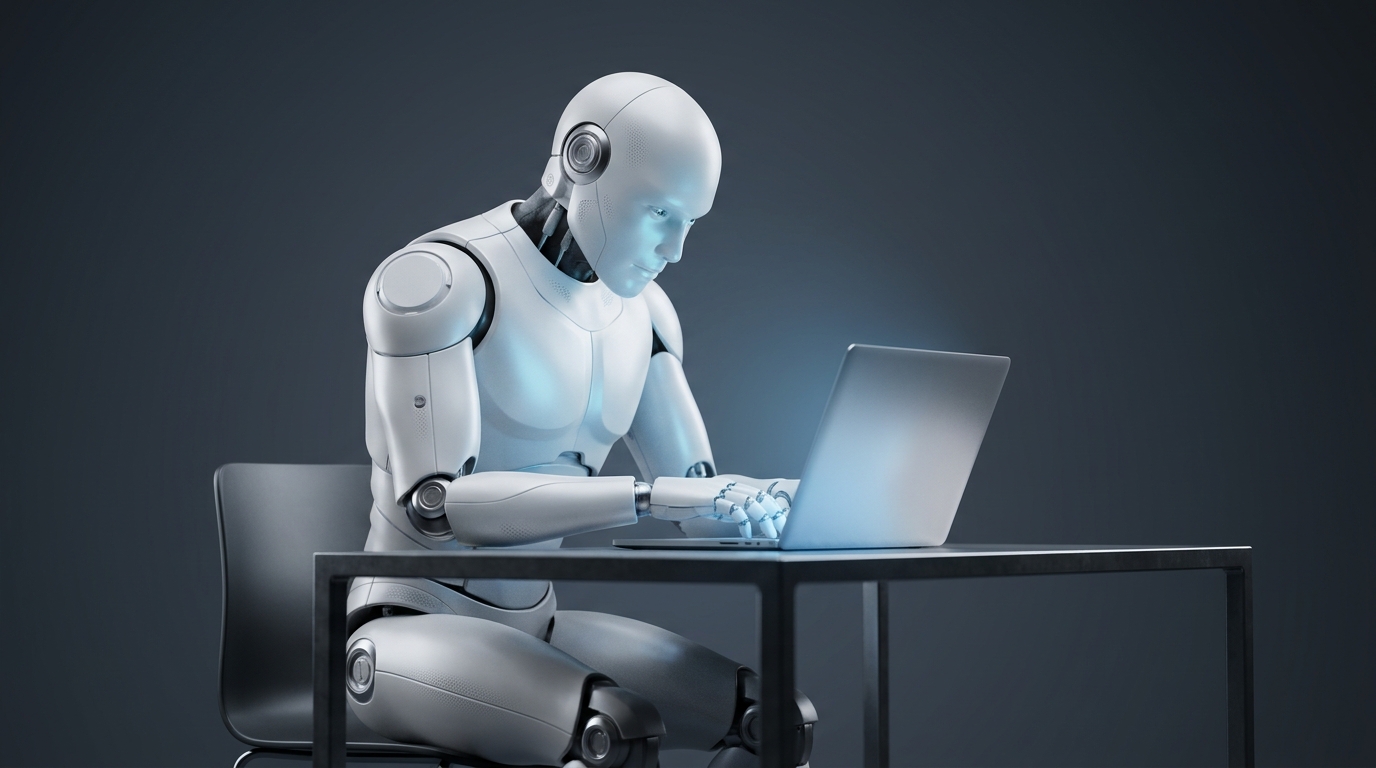 Single white AI robot at a workstation — representing a solo AI agent in a pilot deployment
