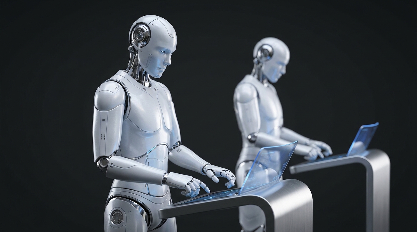 Two white AI robots at adjacent workstations coordinating tasks — representing multi-agent AI deployment