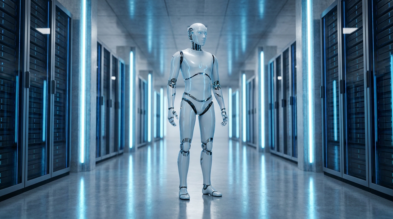 AI robot in a vast server room corridor representing autonomous orchestration — AI agent deployment at production scale