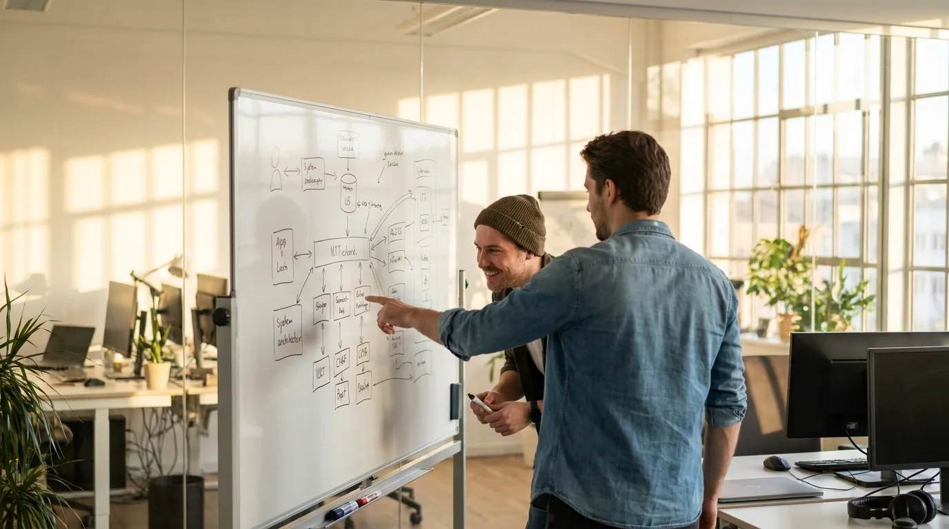 Two developers in a modern office looking at architecture diagrams, reflecting on multi-agent ai system design