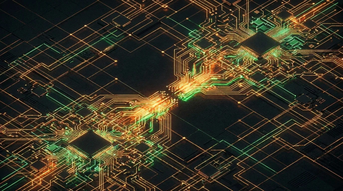 Abstract isometric data lattice showing concentrated data flow representing token overhead in multi-agent orchestration