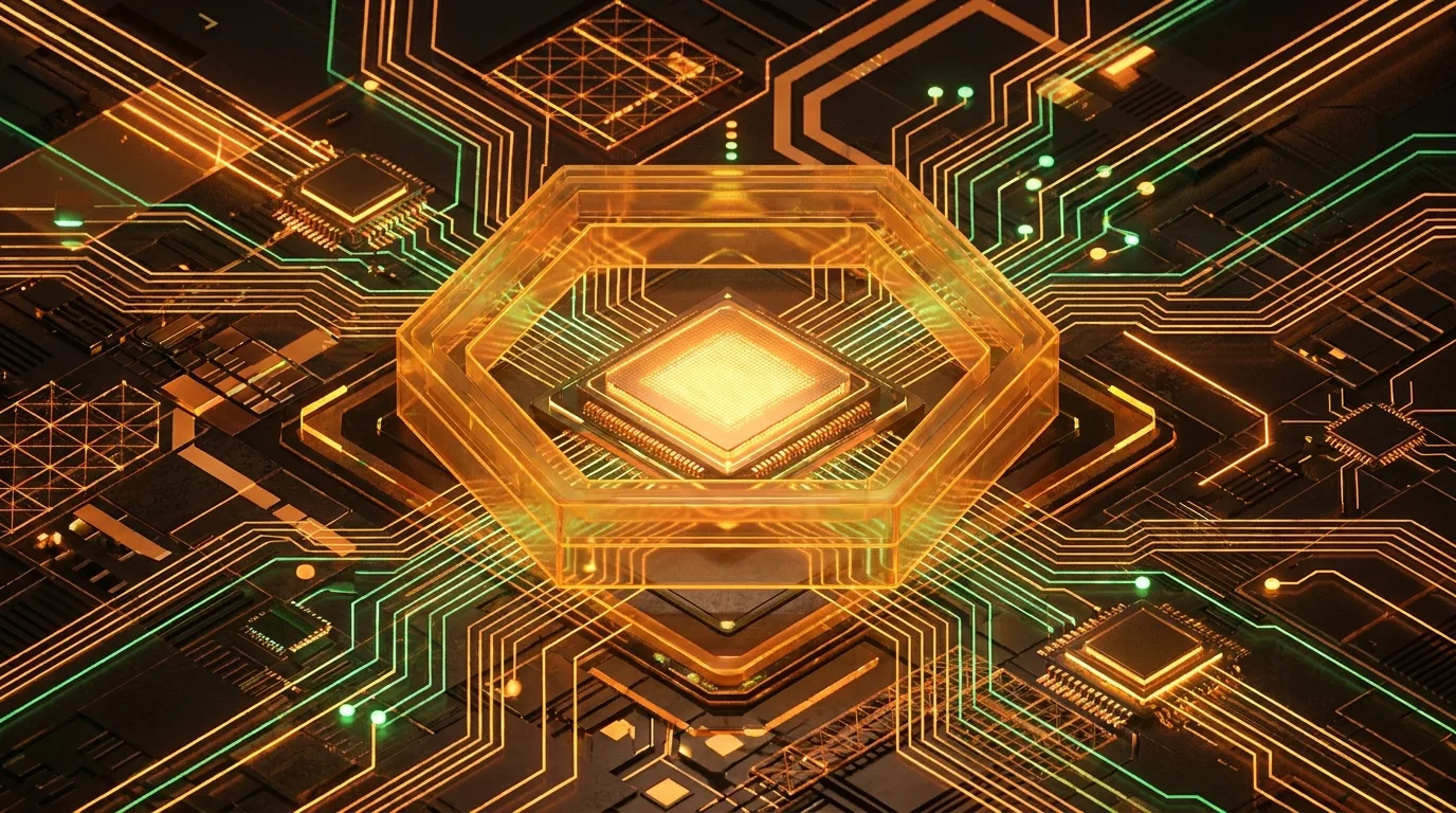 Technical art showing a central processing node protected by thick amber hexagonal shields, symbolizing runaway-spend protection in ai agent architecture