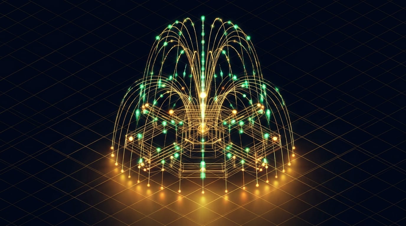 Lattice wireframe fountain structure with emerald and amber nodes cascading downward, representing fluid data pathways